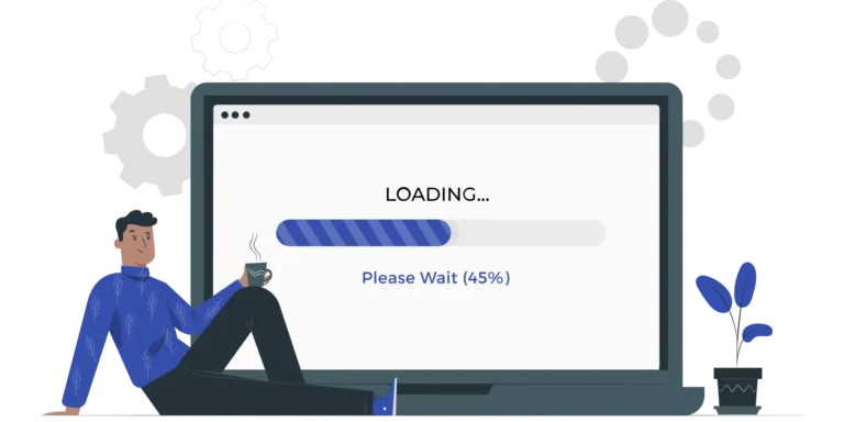 Illustration of a person sitting next to a laptop with a loading screen that reads "Please Wait (45%)", symbolizing website performance issues. This image relates to the topic "How To Fix A Slow WordPress Website.