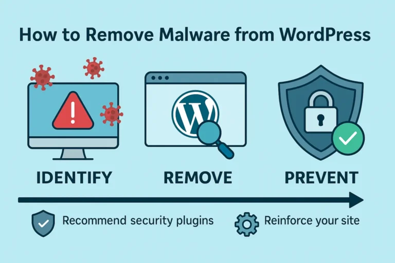 Infographic showing the three key steps of WordPress malware removal: Identify threats, Remove malware, and Prevent future infections, using icons of a warning screen, WordPress logo with magnifying glass, and a security shield.
