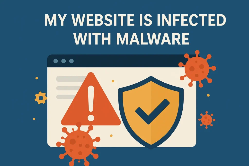 Illustration showing a website warning alert and security shield surrounded by virus icons, symbolizing the process of WordPress malware removal